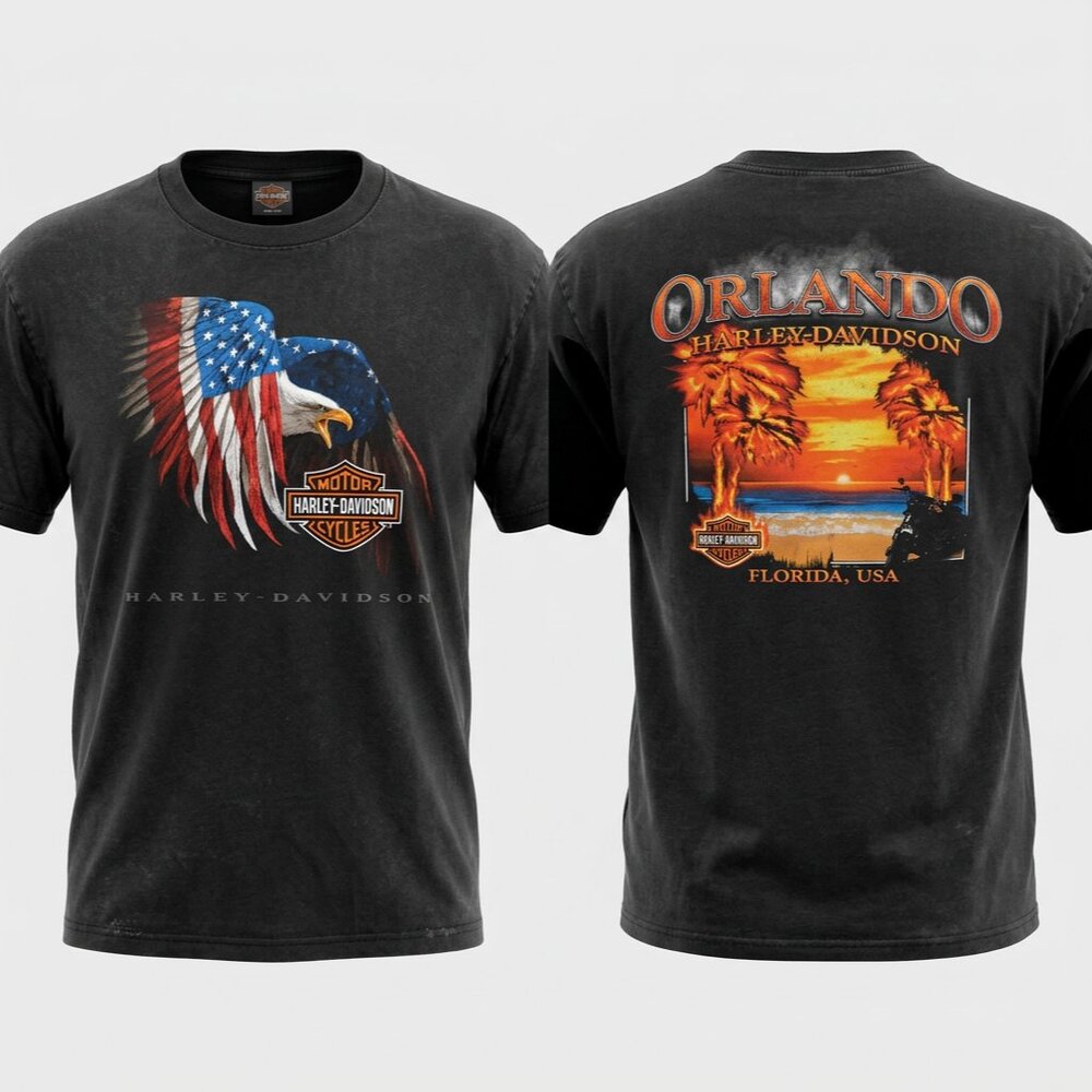 Harley-Davidson Tee T-Shirt XL Eagle American Flag Wings‎ Bravado Orlando FL